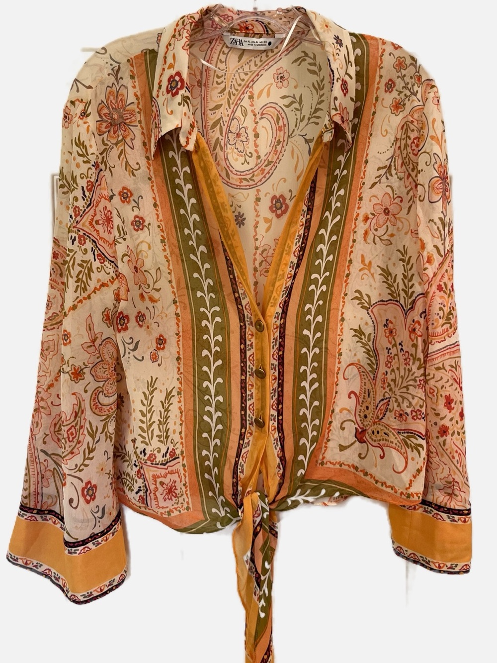Zara Women’s Paisley Bohemian Tie-Front Button-Up Top Mustard, Olive & Cream XL